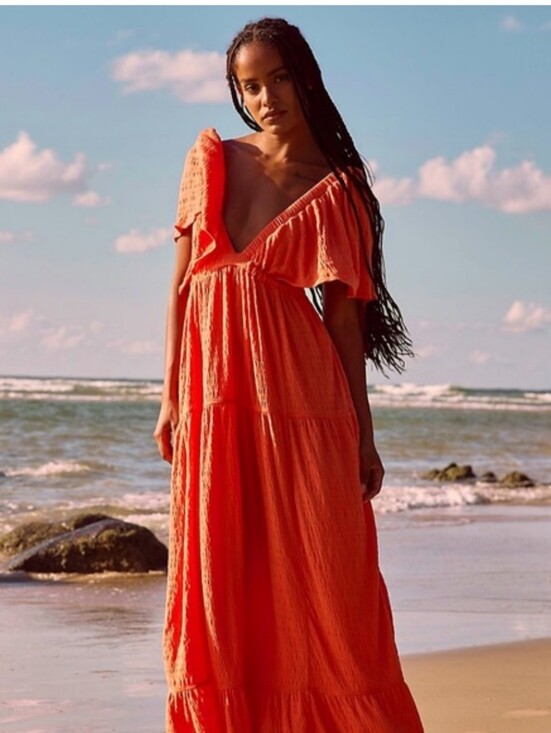 Free People Dresses & Skirts - NWT Free People La La Maxi Dress Wild Papaya Orange Tiered Flutter Sz L